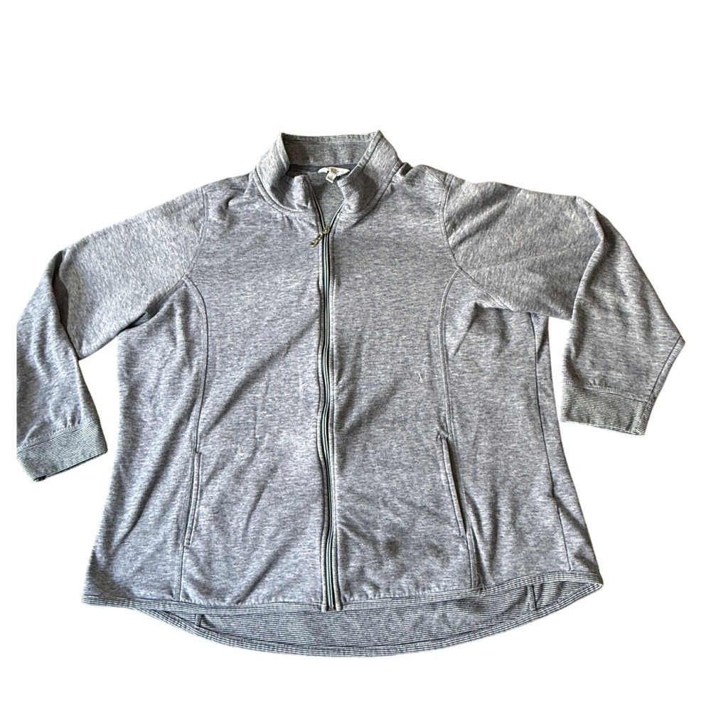 Coral Bay Women 2X Gray Heathered Full Zip Jacket Striped Trim Pockets